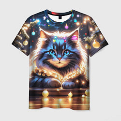 Мужская футболка Кот с гирляндой среди новогодних украшений