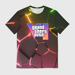 Мужская футболка GTA 6 лого на фоне разлома радужных плит