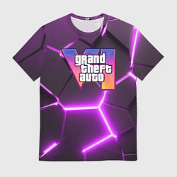 Мужская футболка GTA 6 лого на фоне разлома фиолетовых плит