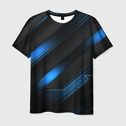 Мужская футболка Синий неоновый яркий свет на черном абстрактном фо