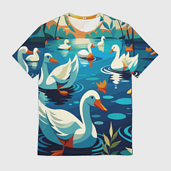Мужская футболка Гуси лебеди вода