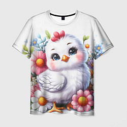 Мужская футболка Мультяшная курица с цветами акварелью
