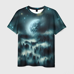 Мужская футболка Луна и туман в лесу