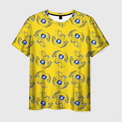 Мужская футболка Узор - цветы гжель на желтом фоне