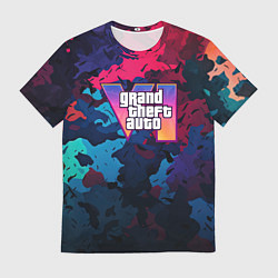 Мужская футболка GTA 6 logo яркий неоновый камуфляжный стиль