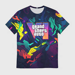 Мужская футболка GTA 6 logo яркий неоновый камуфляжный стиль