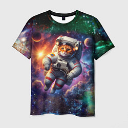 Мужская футболка Котик бравый космонавт - неон