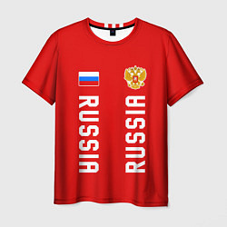 Мужская футболка Россия три полоски на красном фоне