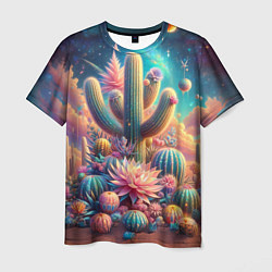 Мужская футболка Кактусы цветущие под космическим небом