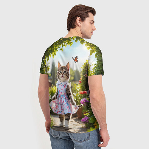 Мужская футболка Кошка в летнем платье в саду / 3D-принт – фото 4