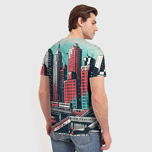Мужская футболка Силуэты небоскребов в брызгах красной и голубой кр / 3D-принт – фото 4
