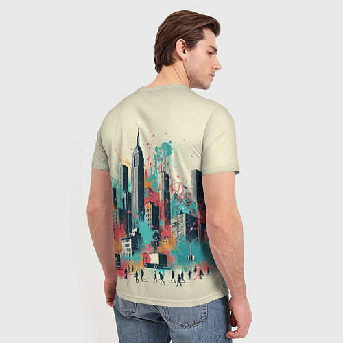 Мужская футболка Силуэты людей и небоскребов в брызгах краски / 3D-принт – фото 4