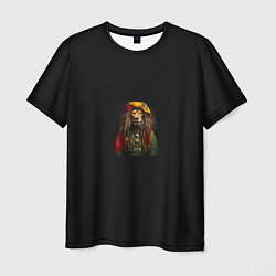 Мужская футболка Лев хиппи с дредами на черном фоне