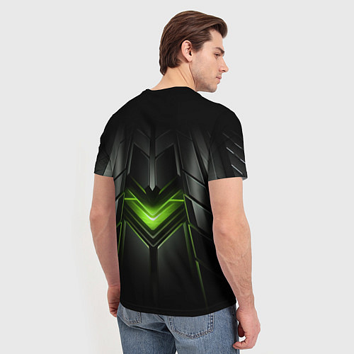 Мужская футболка Объемная абстрактная яркая зеленая фигура на черно / 3D-принт – фото 4