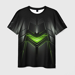 Мужская футболка Объемная абстрактная яркая зеленая фигура на черно