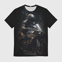 Мужская футболка Мотоциклист на спортивном байке черный фон