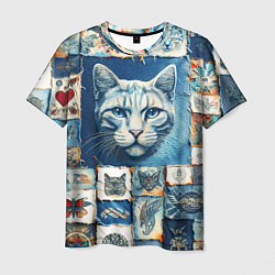Мужская футболка Кошка на дениме - пэчворк