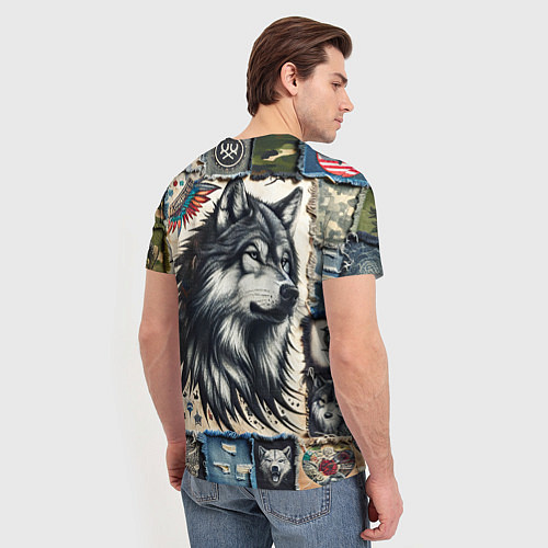 Мужская футболка Волк на дениме Пэчворк / 3D-принт – фото 4