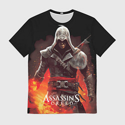 Мужская футболка Assassins creed огненный фон вокруг