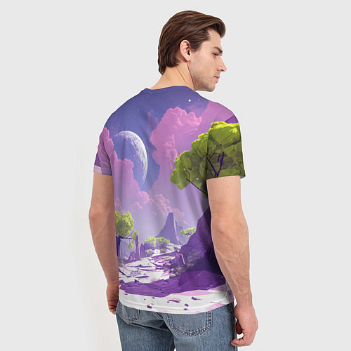 Мужская футболка Фиолетовые горы зеленые деревья и космос / 3D-принт – фото 4