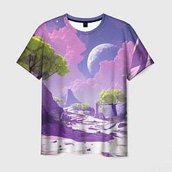 Мужская футболка Фиолетовые горы зеленые деревья и космос