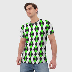 Футболка мужская Чёрные и зелёные ромбы на белом фоне, цвет: 3D-принт — фото 2