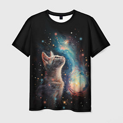 Мужская футболка Котик смотрит на небо космоса