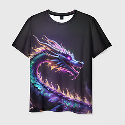 Мужская футболка Неоновый сиреневый дракон на черном фоне