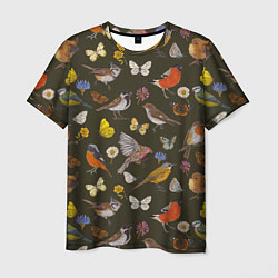 Мужская футболка Птицы и бабочки с цветами паттерн