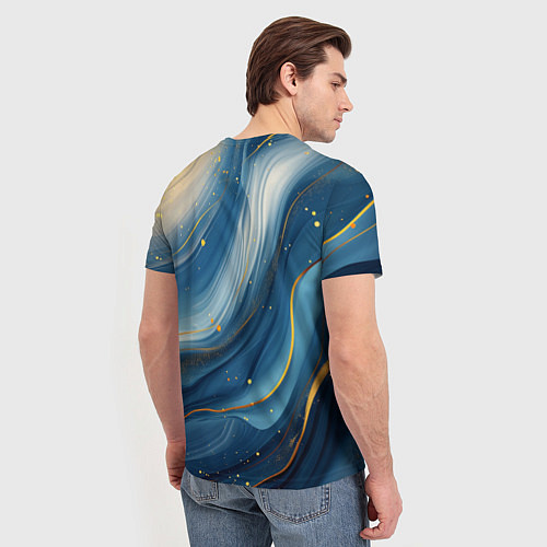 Мужская футболка Золотая волнистая текстура на синей ткани / 3D-принт – фото 4