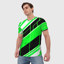 Футболка мужская Зелёно-белые полосы и чёрный фон, цвет: 3D-принт — фото 2
