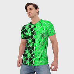 Футболка мужская Техно-киберпанк шестиугольники зелёный и чёрный с, цвет: 3D-принт — фото 2