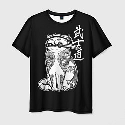 Мужская футболка Кот самурай - вакидзаси в зубах
