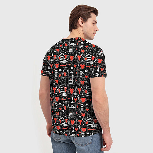 Мужская футболка Черные котики держат сердечки паттерн / 3D-принт – фото 4