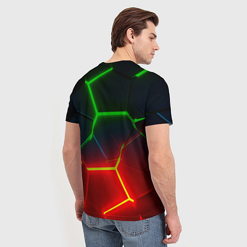 Мужская футболка Зеленые и красные неоновые плиты в разломе / 3D-принт – фото 4