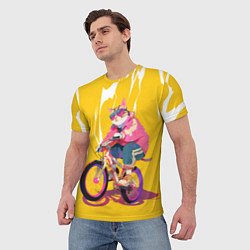 Футболка мужская Кот на велосипеде жёлтый фон, цвет: 3D-принт — фото 2