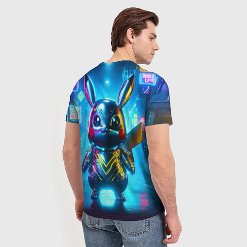 Мужская футболка Neon cyber Pikachu made of metal steel - ai art / 3D-принт – фото 4