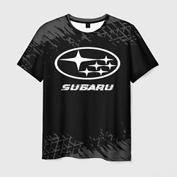 Мужская футболка Subaru speed на темном фоне со следами шин