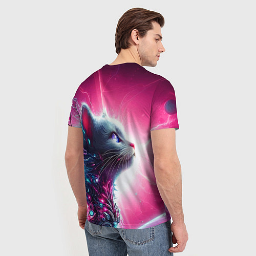 Мужская футболка Космический кибер котёнок - неоновое свечение / 3D-принт – фото 4