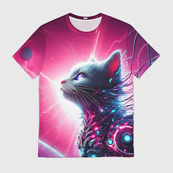 Мужская футболка Космический кибер котёнок - неоновое свечение