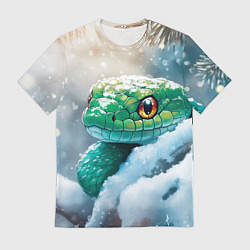 Мужская футболка Зеленая змейка на заснеженной ветке