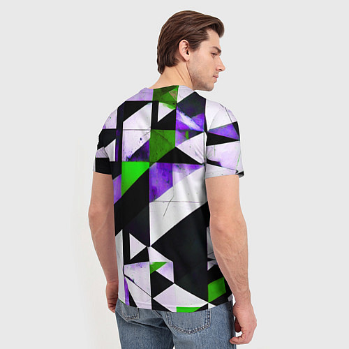 Мужская футболка Зелёно-фиолетовая абстракция на чёрно-белом фоне / 3D-принт – фото 4
