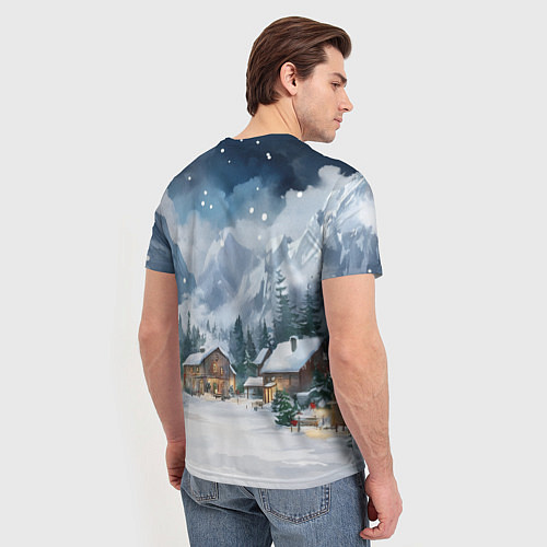 Мужская футболка Новый год - домики в горах / 3D-принт – фото 4