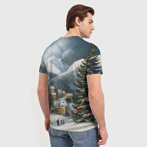 Мужская футболка Новогодняя огромная елка и маленькие домики / 3D-принт – фото 4