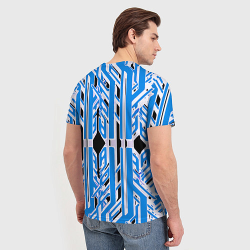 Мужская футболка Бело-синие техно полосы на чёрном фоне / 3D-принт – фото 4