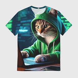 Мужская футболка Котенок хакер за ноутбуком