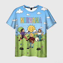 Футболка мужская Nirvana мультяшный стиль на поляне, цвет: 3D-принт
