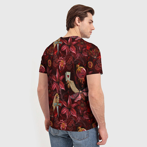 Мужская футболка Бордовая готика с сердцем, лилиями и мотыльками / 3D-принт – фото 4