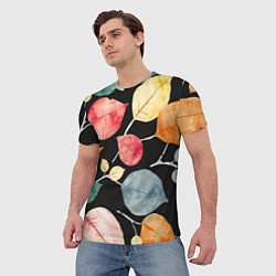 Футболка мужская Разноцветные акварельные листья на чёрном, AI, цвет: 3D-принт — фото 2