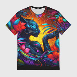 Мужская футболка Грациозная пантера среди тропических цветов